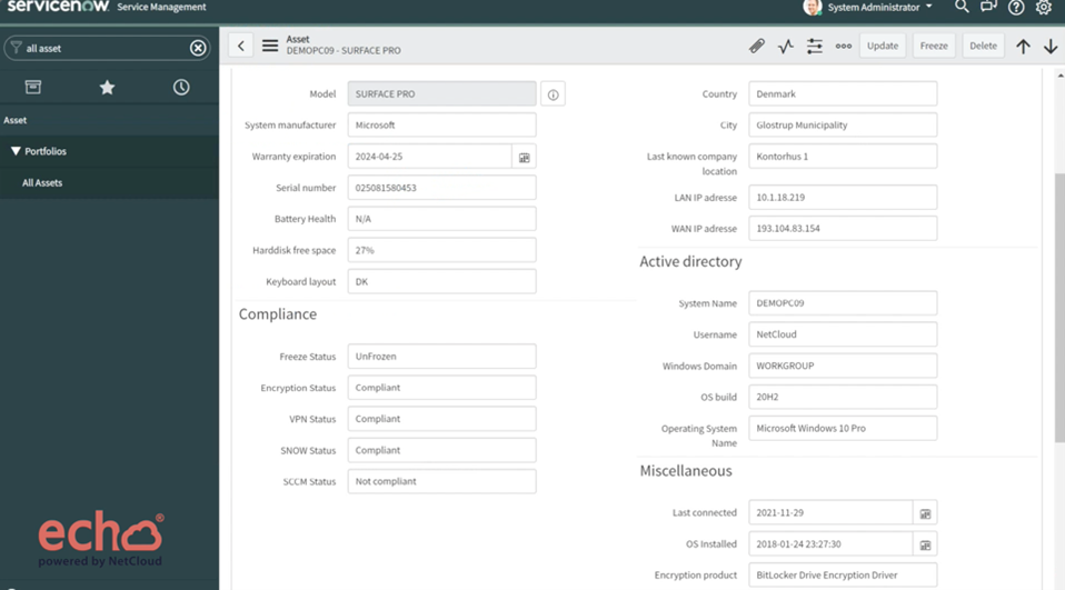 ServiceNow oversigt ServiceNow oversigt - som det kan se ud, når der integreres med Echo